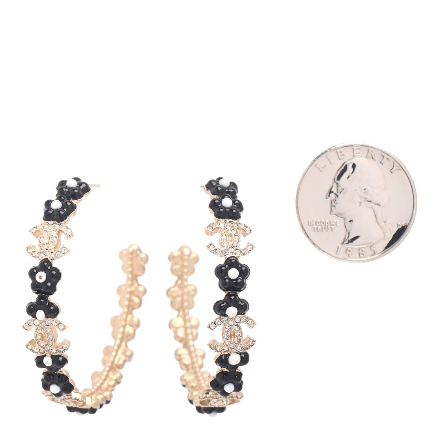 Chanel Metal Strass Crystal Flower CC Hoop Earrings Gold Black White 2 of 4