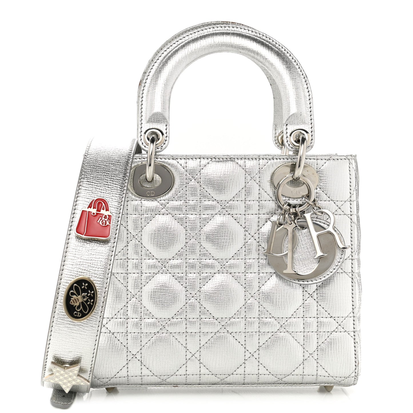 Metallic Grained Calfskin Cannage Small Lucky Badges My Lady Dior Silver