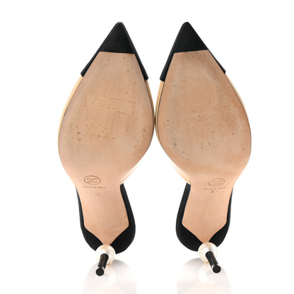 Chanel Goatskin Grosgrain Cap Toe Pearl Mule 39 Beige Black 6 of 10
