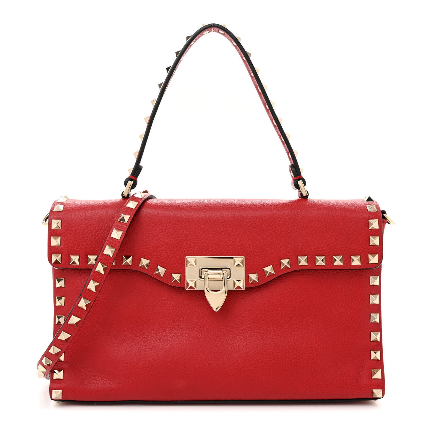 Pebbled Calfskin Medium Rockstud Top Handle Shoulder Bag Red
