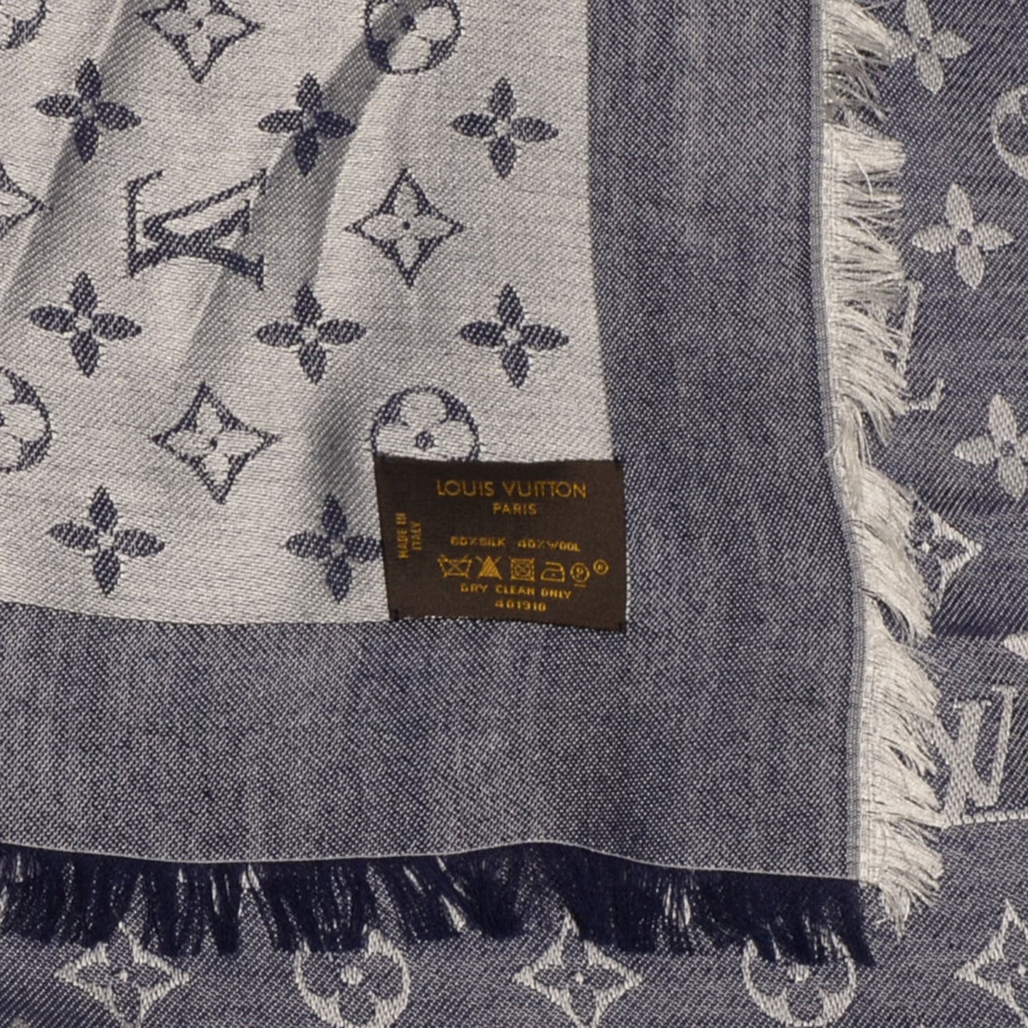 Silk Wool Monogram Denim Shawl Blue