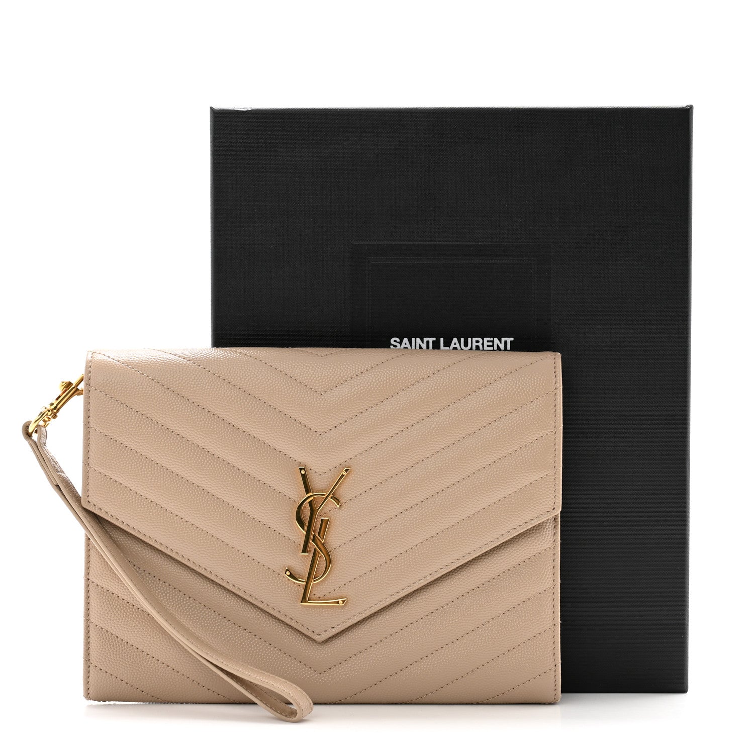 Saint Laurent Grain De Poudre Matelasse Chevron Monogram Envelope Clutch Dark Beige 8 of 8