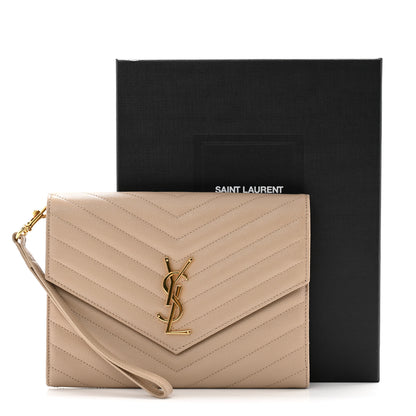 Saint Laurent Grain De Poudre Matelasse Chevron Monogram Envelope Clutch Dark Beige 8 of 8