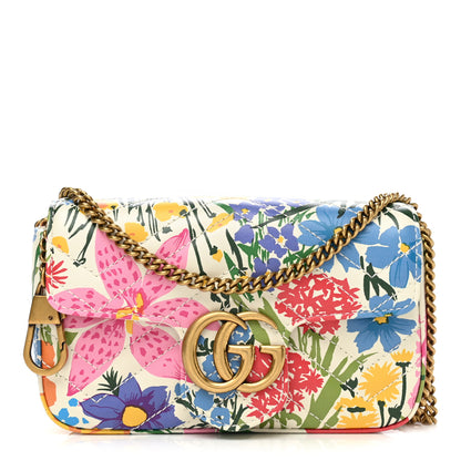 Gucci X KEN SCOTT Calfskin Matelasse Floral Print Super Mini GG Marmont Shoulder Bag Ivory Pink 1 of 11