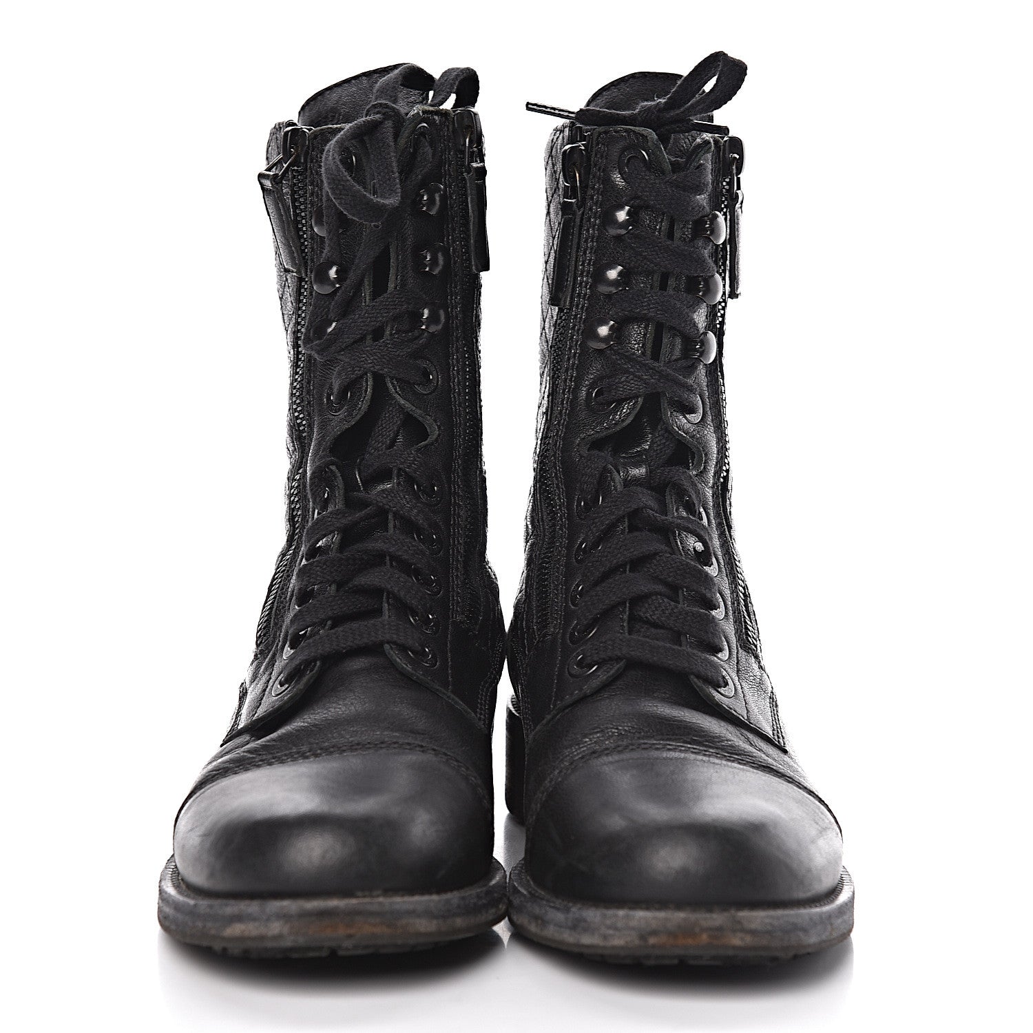 Chanel Sheepskin Quilted CC Tall Lace Up Combat Boots 40 Black 2 of 9