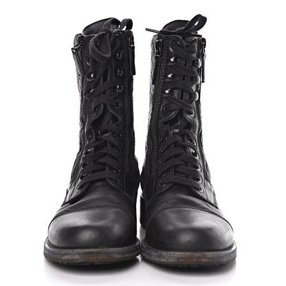 Chanel Sheepskin Quilted CC Tall Lace Up Combat Boots 40 Black 2 of 9