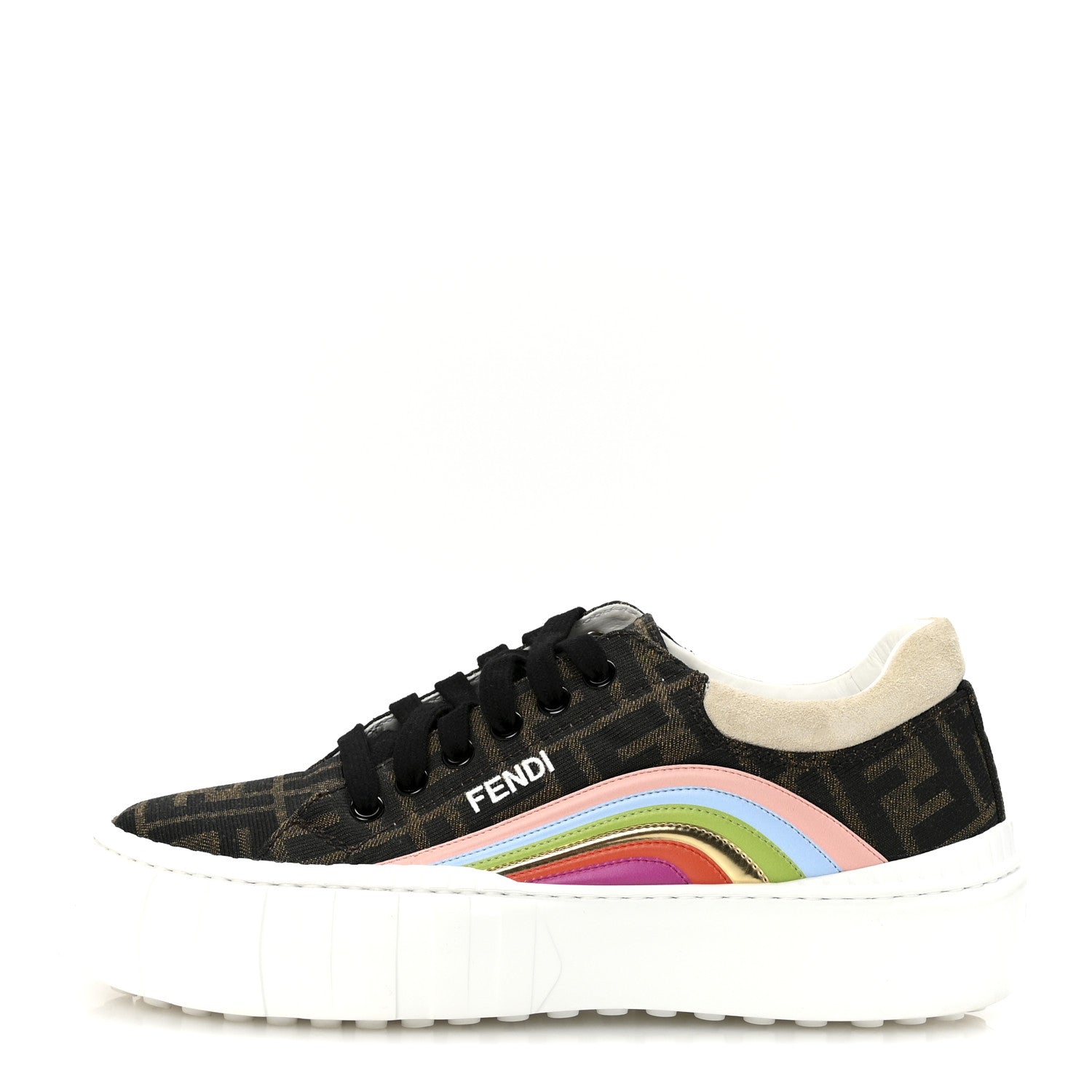 Fendi Fabric Jacquard FF Rainbow Womens Fendi Force Low-Top Sneakers 38.5 Tobacco Black White Multicolor 1 of 9