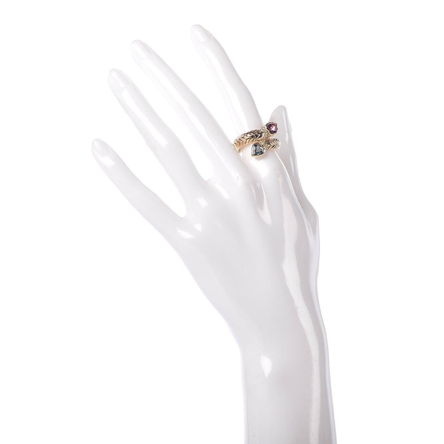 18K Yellow Gold Pink Tourmaline Blue Topaz Diamond Heart Bypass Ring 54 6.75