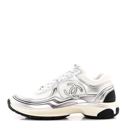 Chanel Fabric Laminated Calfskin Stretch CC Womens Sneakers 40 White Silver 1 of 11