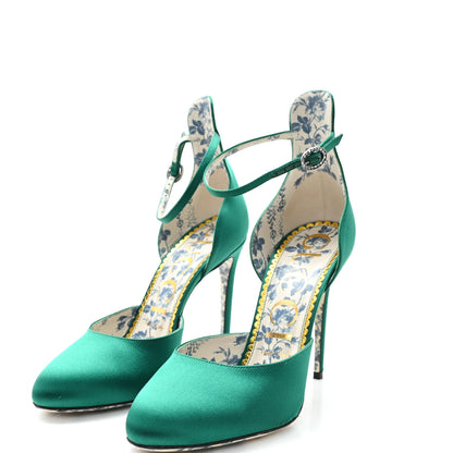 Gucci Satin Daisy Ankle Strap d'Orsay 105 Pumps 39 Emerald Green 4 of 9