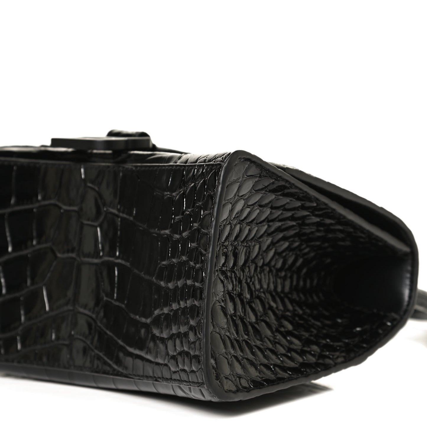 Shiny Calfskin Monochrome Crocodile Embossed Small Hourglass Top Handle Bag Black