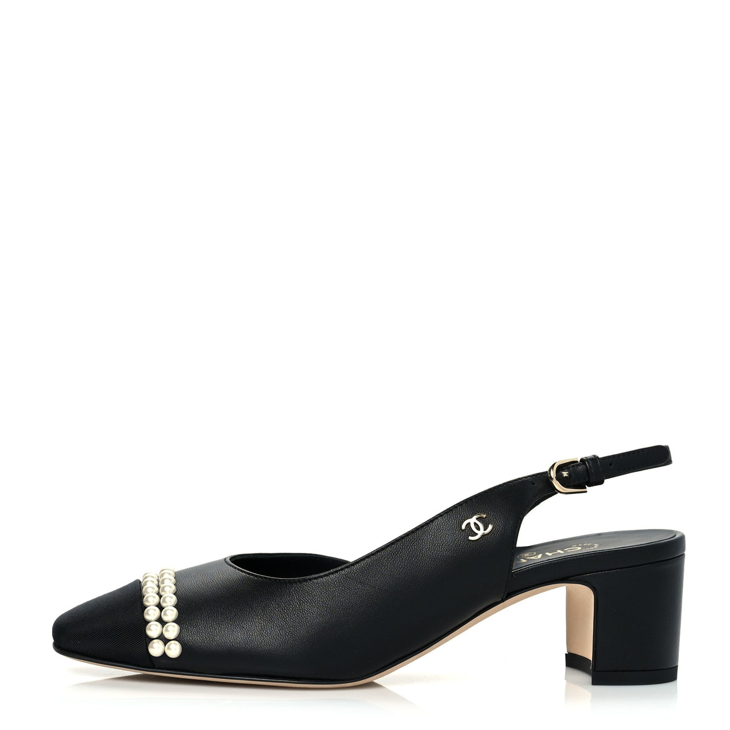 Lambskin Grosgrain Pearl Cap Toe CC Slingback Pumps 35.5 Black