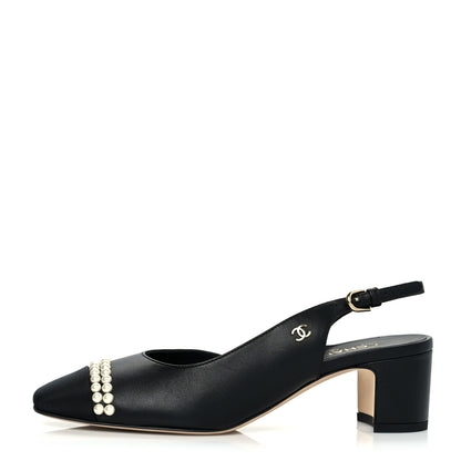 Chanel Lambskin Grosgrain Pearl Cap Toe CC Slingback Pumps 35.5 Black 1 of 9