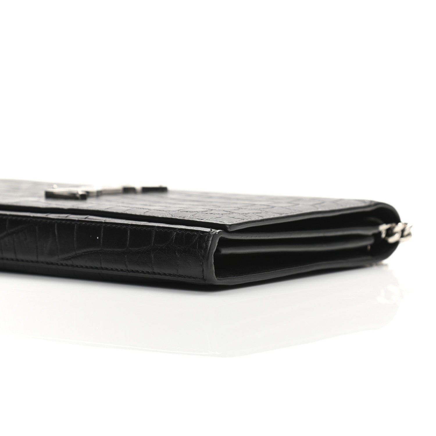 Saint Laurent Calfskin Crocodile Embossed Monogram Chain Wallet Black 9 of 9