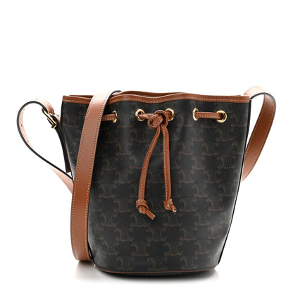 Celine Triomphe Canvas Calfskin Small Drawstring Bucket Bag Tan 1 of 9