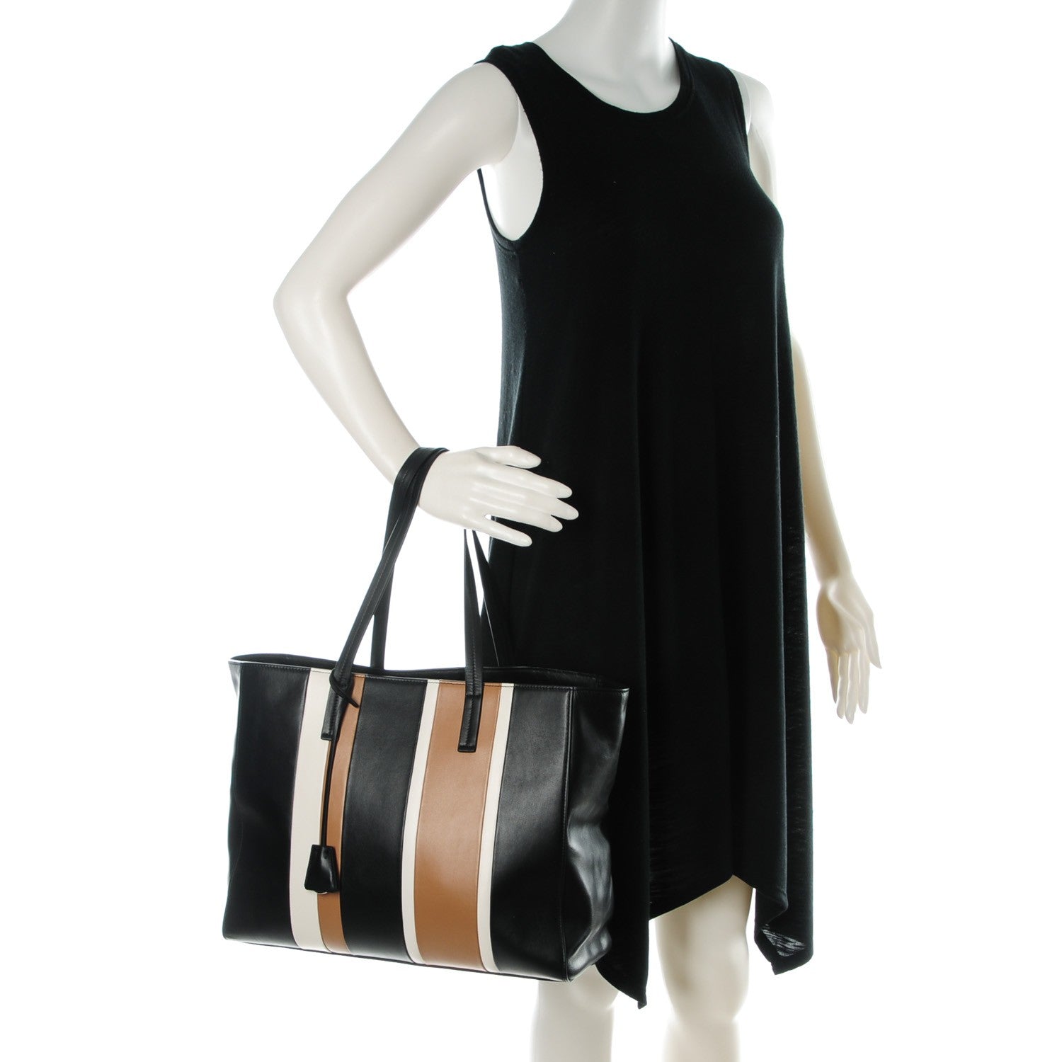 Prada Calfskin Baiadera Striped Shopping Tote Black Caramel White 2 of 7