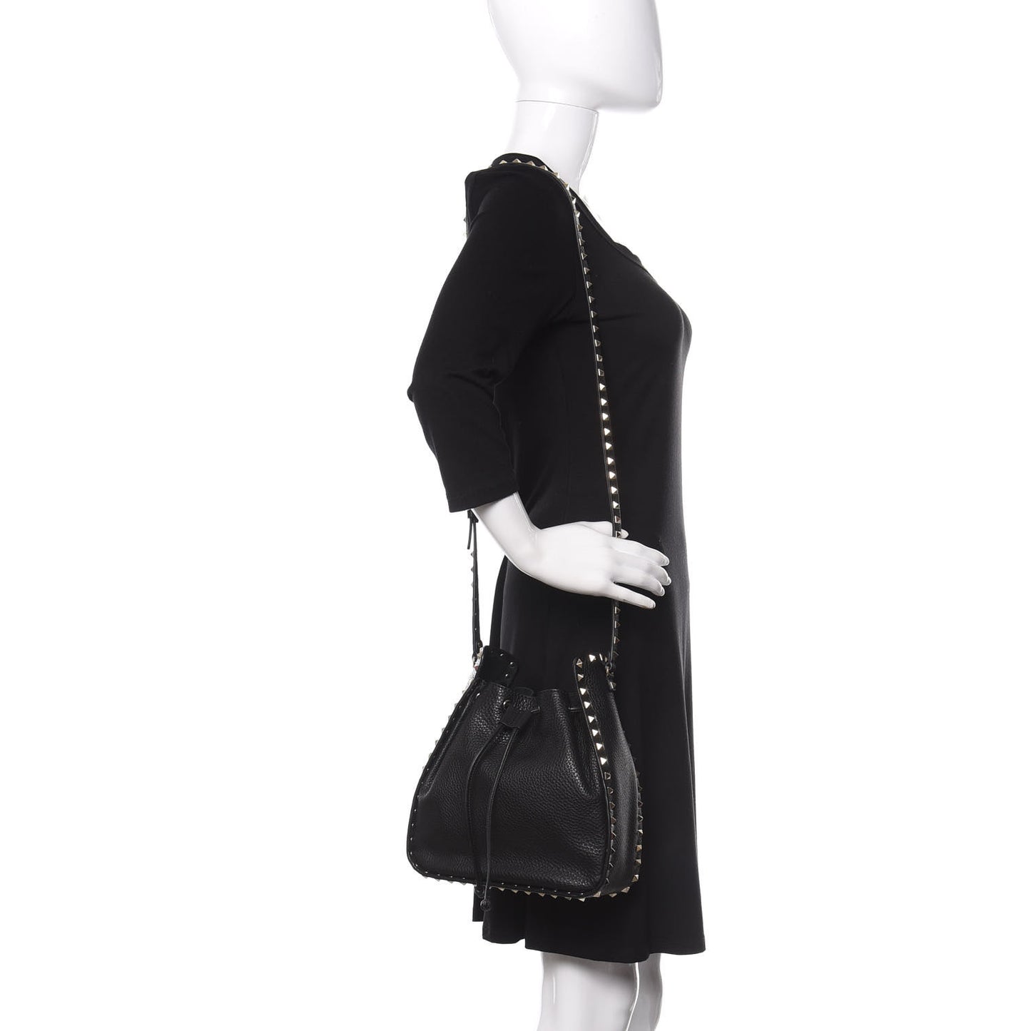 Grained Calfskin Rockstud Bucket Bag Black