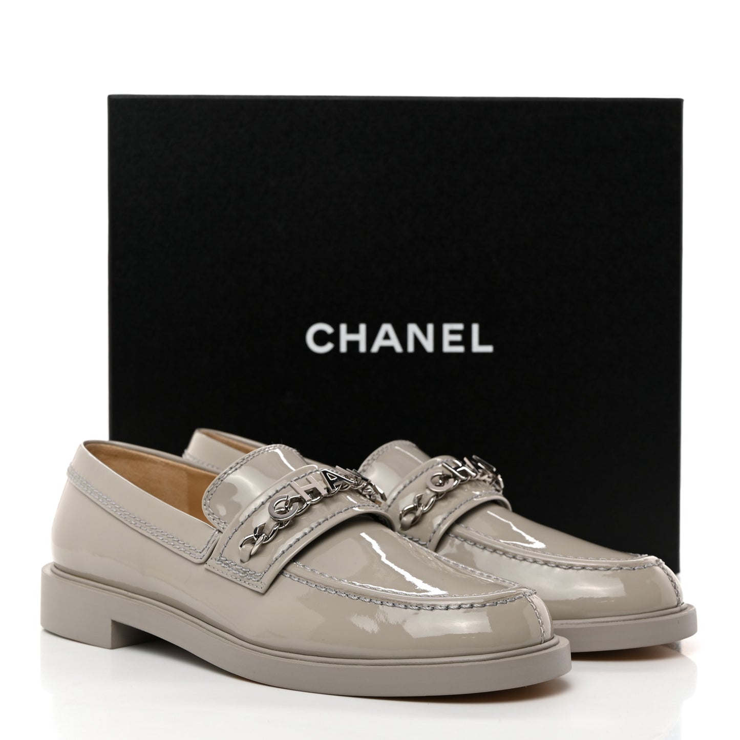 Shiny Calfskin Logo Loafers 37.5 Grey