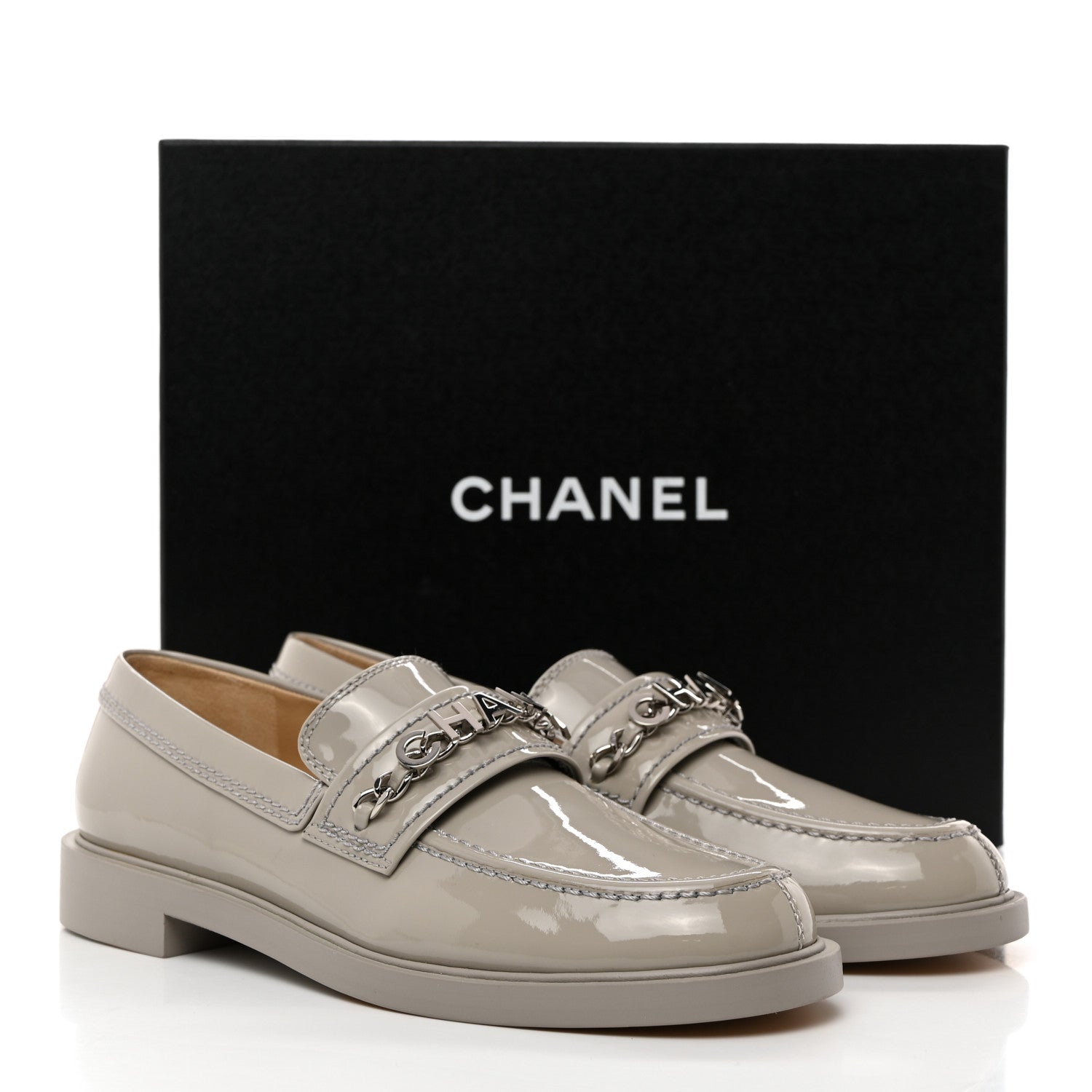 Chanel Shiny Calfskin Logo Loafers 37.5 Grey 9 of 9