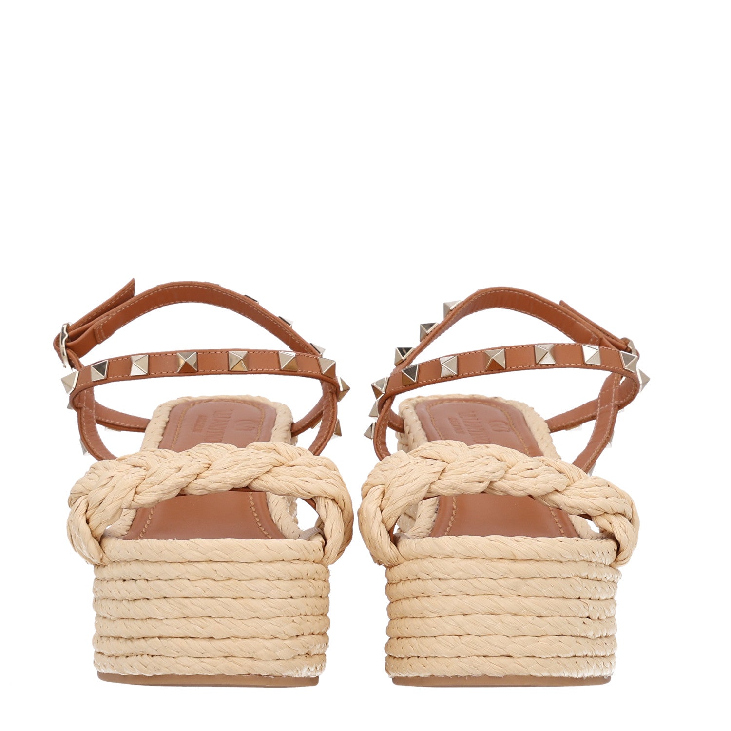 Valentino Garavani Calfskin Raffia Braided Rockstud Ankle Strap Espadrille 95mm Wedge Sandals 37 Almond Beige Naturale 3 of 9