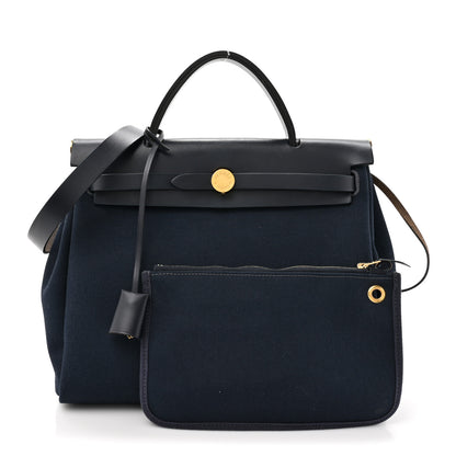 Hermes Military Toile Vache Hunter Herbag Zip Retourne 31 PM Bleu Marine Black 3 of 15