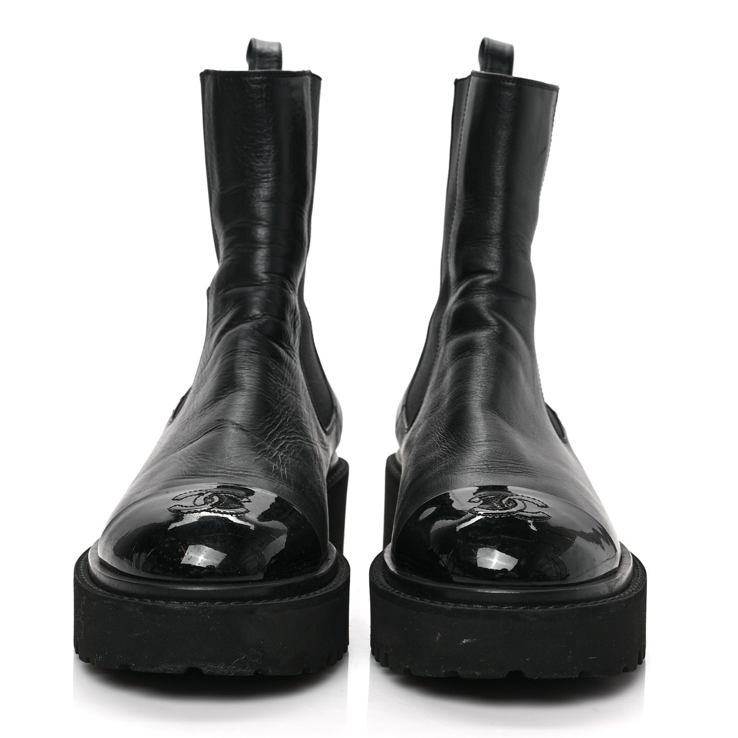 Crumpled Calfskin Patent Cap Toe Short Boots 39 Black