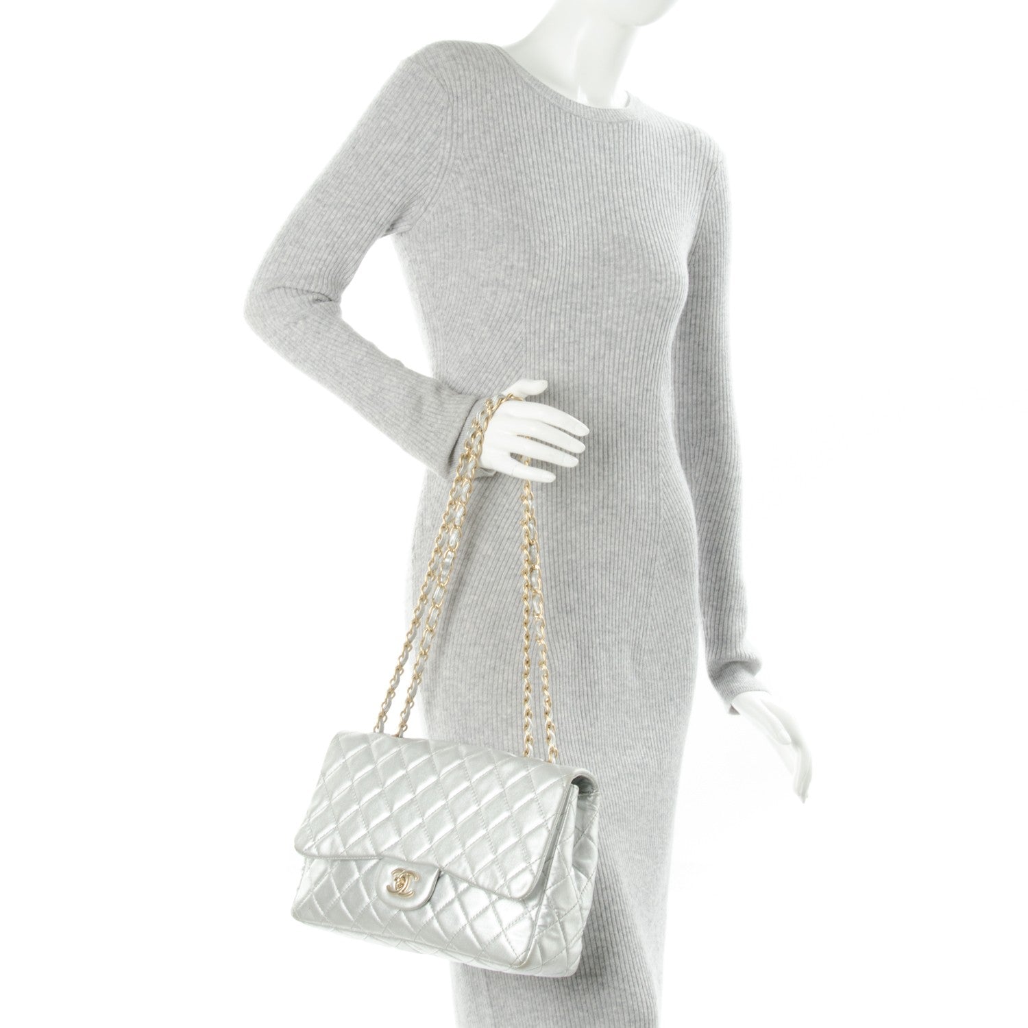 Chanel Metallic Lambskin Quilted Jumbo Single Flap Silver 2 of 7