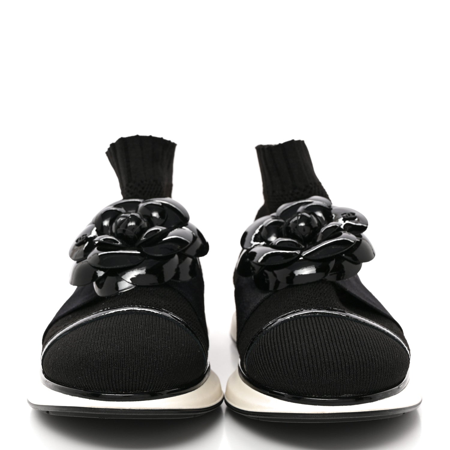 Chanel Knit Patent Calfskin Womens High Top Camellia Sneakers 39.5 Black 2 of 9