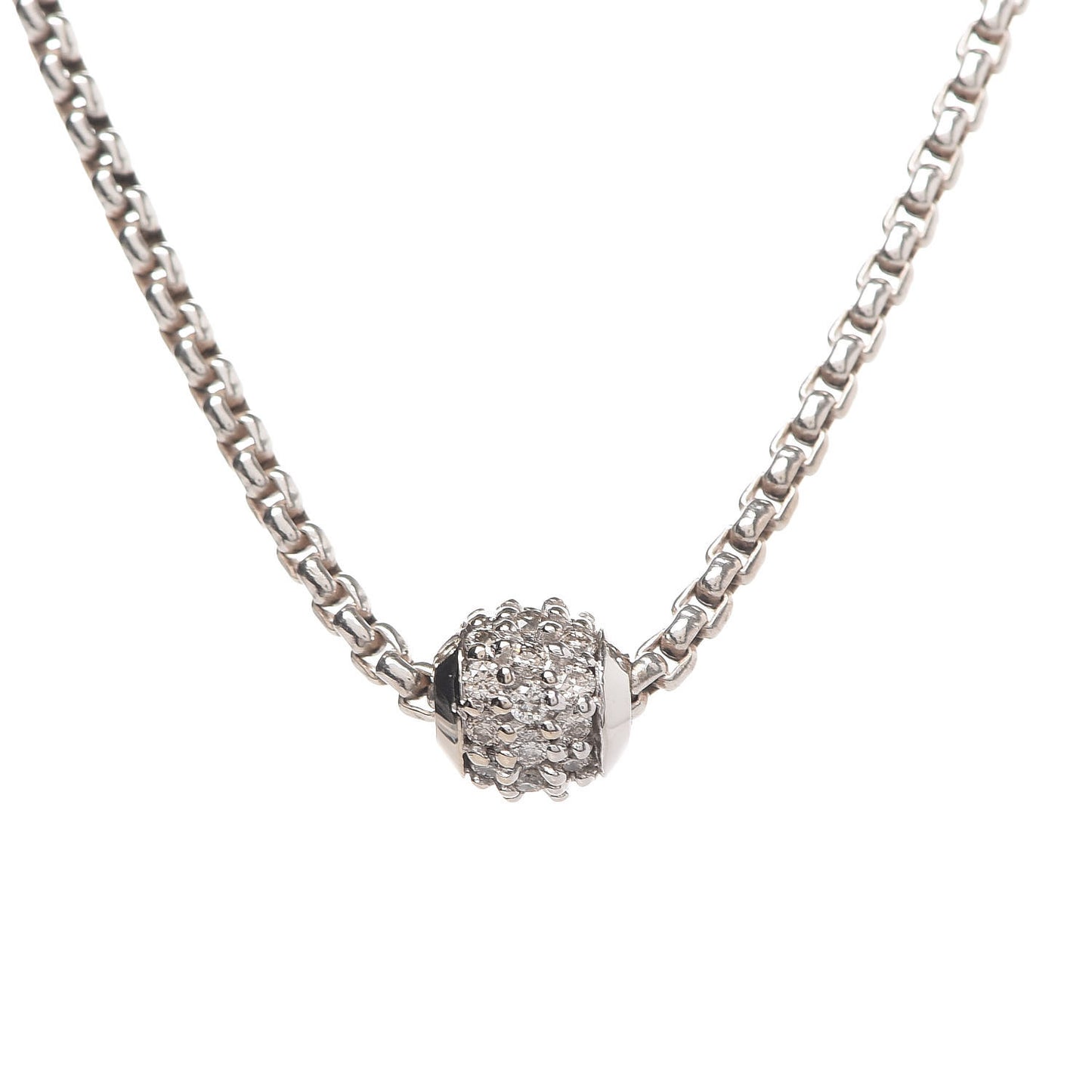 Sterling Silver 18K White Gold Diamond Pave Ball Pendant Necklace
