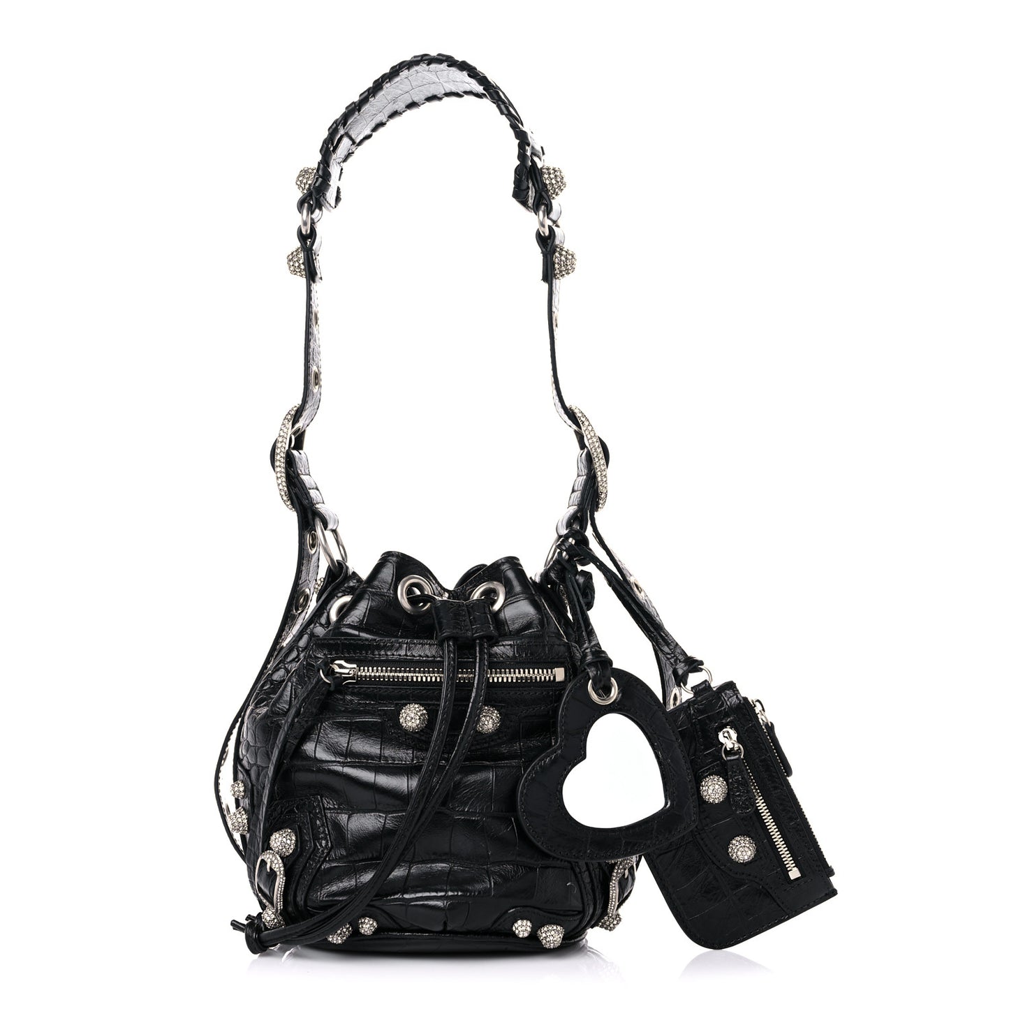 Extra Supple Calfskin Crystal Crocodile Embossed Le Cagole Bucket Bag XS Black