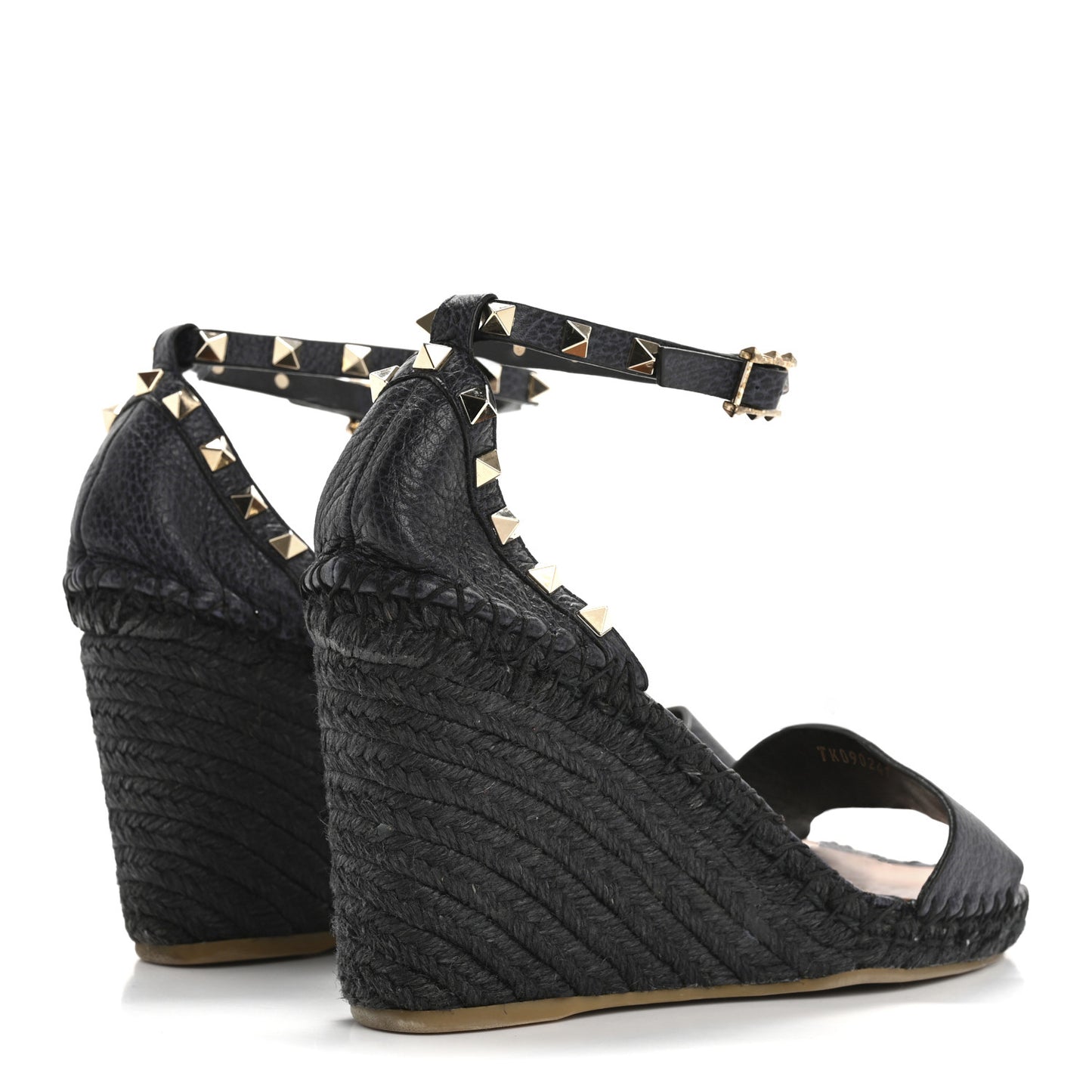 Grained Calfskin Rockstud Ankle Strap Espadrille 15/105mm Wedge Sandals 41 Black