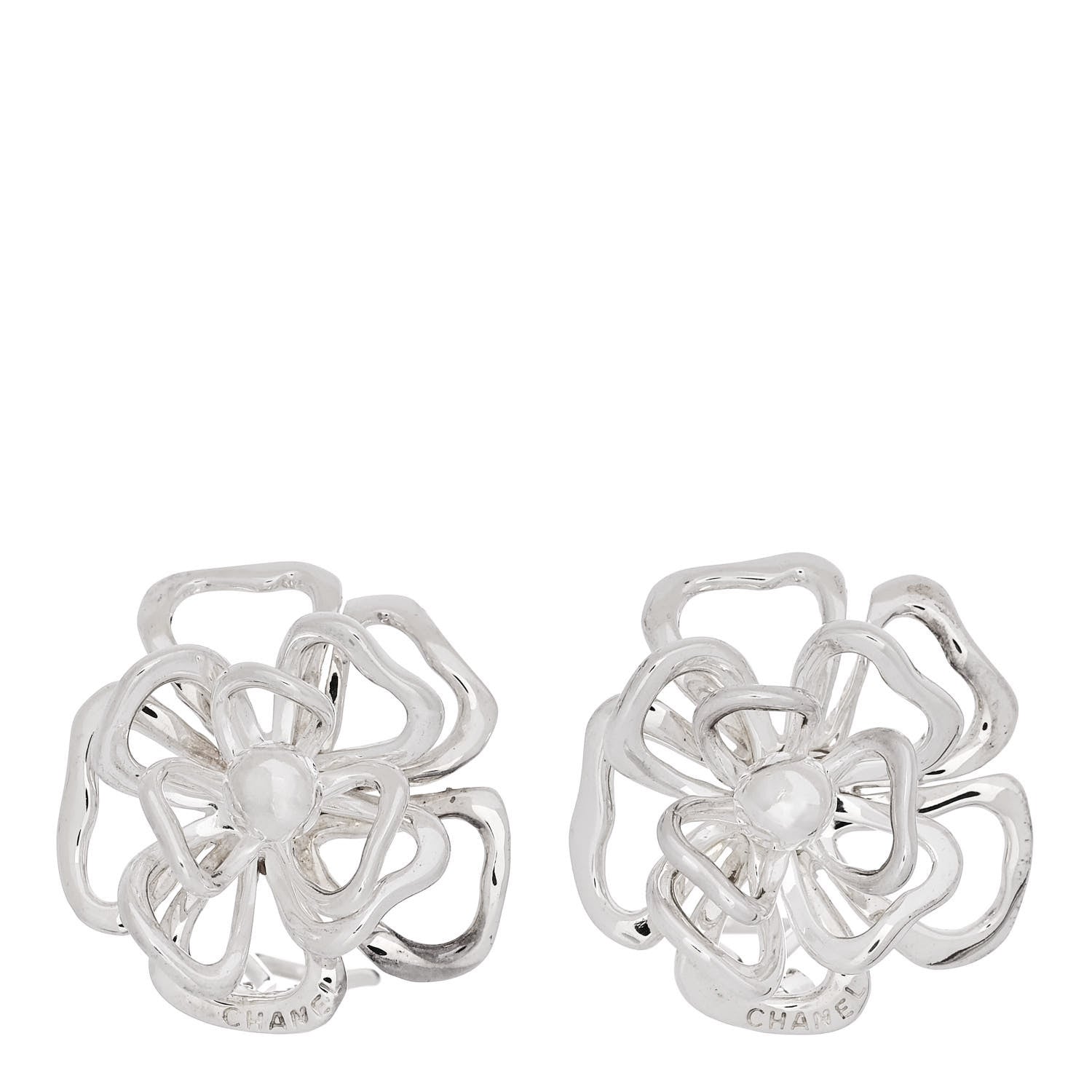 Chanel Sterling Silver Camellia Clip On Earrings 1 of 5