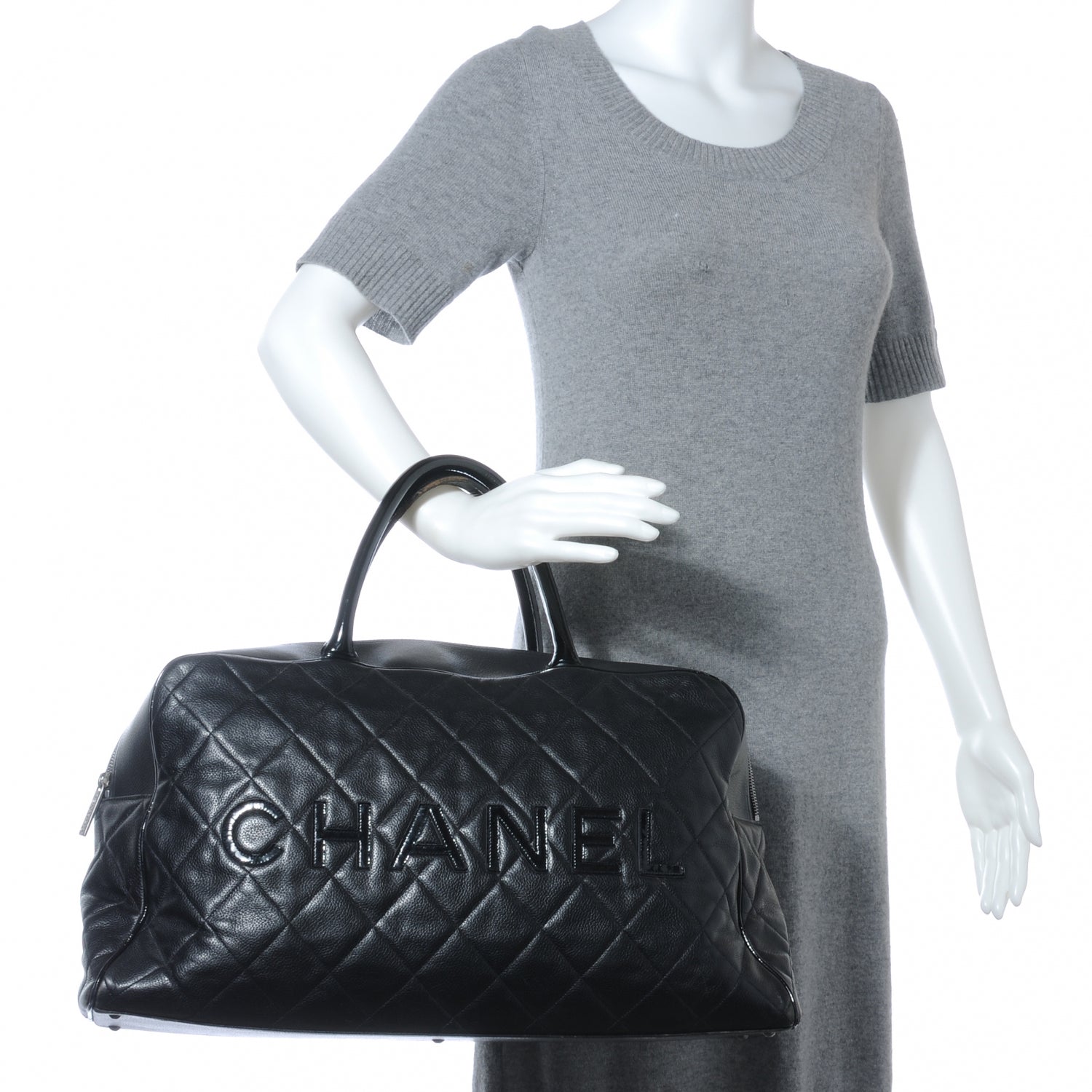 Chanel Caviar and Patent Leather Quilted XL Bowler Black 2 of 7