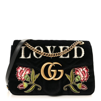 Gucci Velvet Matelasse Loved Embroidered Medium GG Marmont Shoulder Bag Black 1 of 10