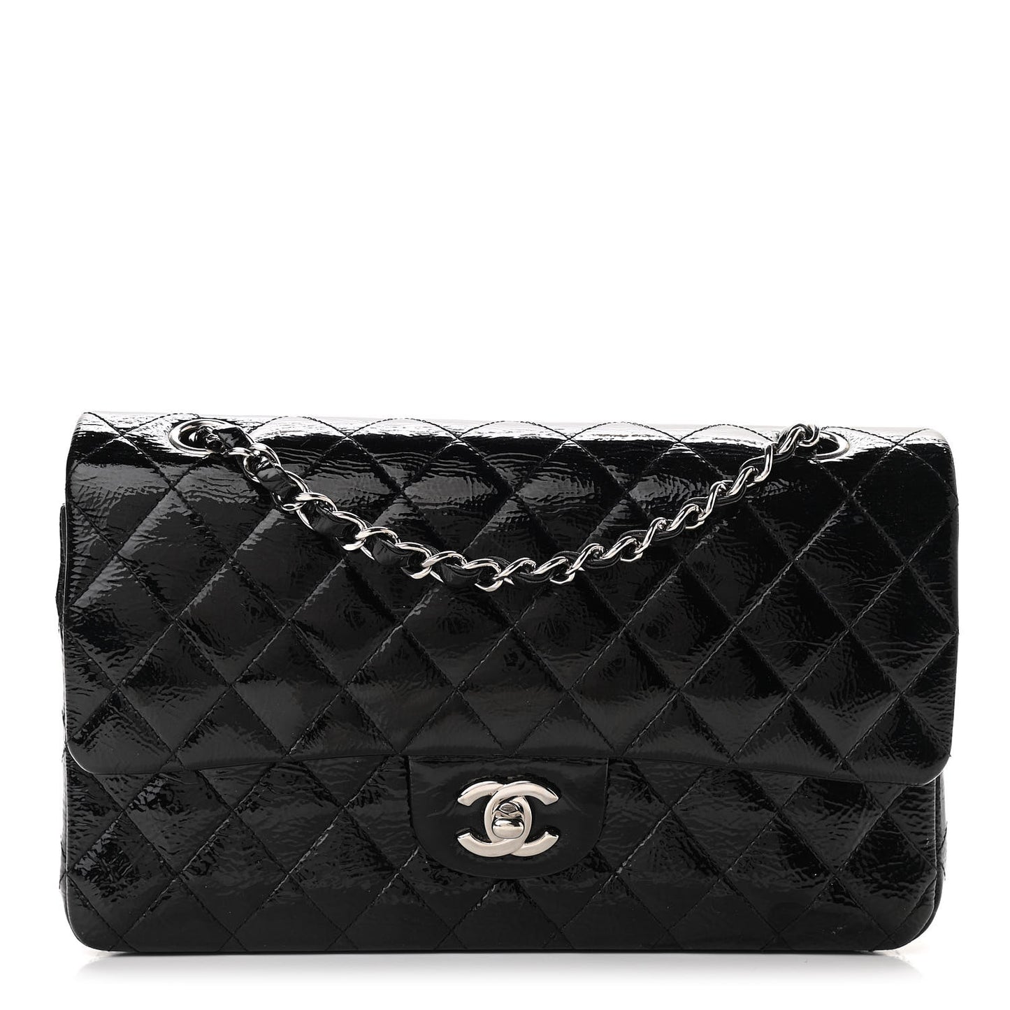 Distressed Patent Quilted Medium Double Flap Black