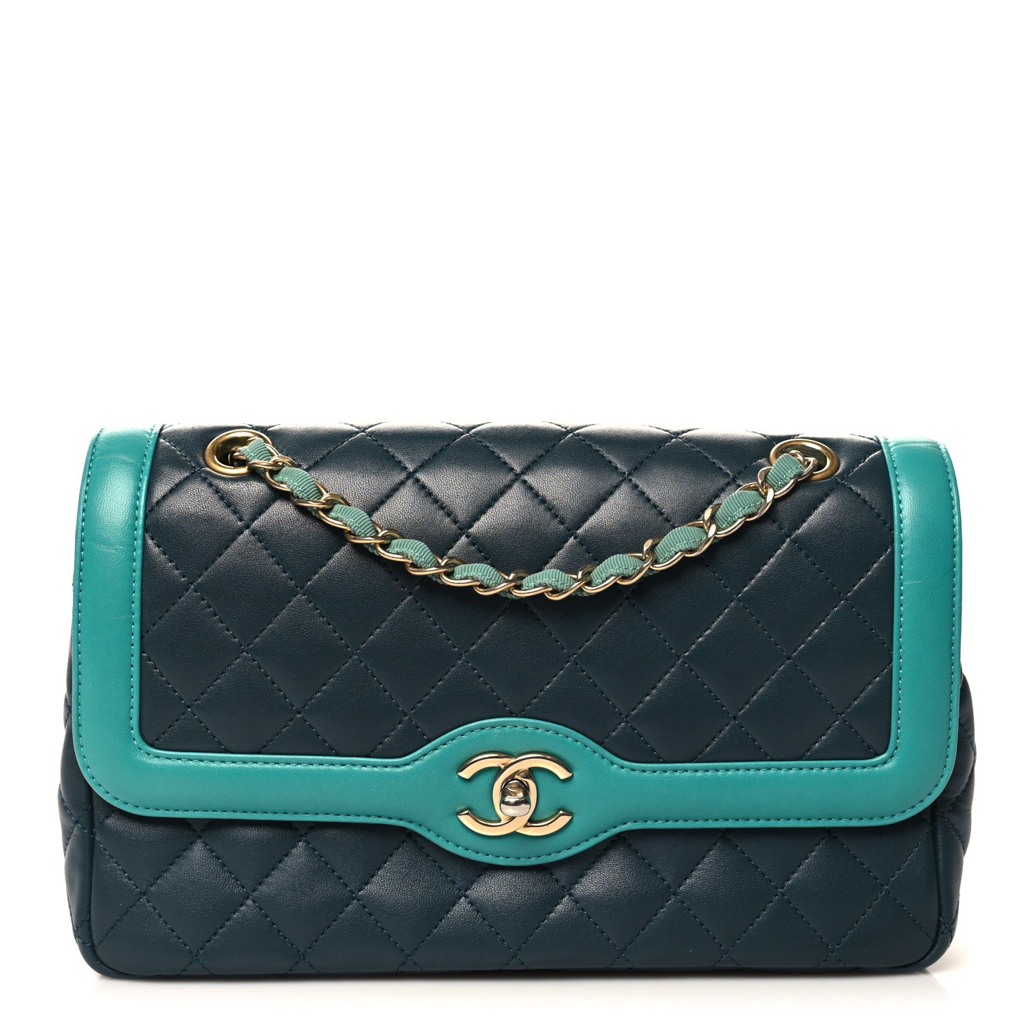 Chanel Lambskin Quilted Medium Two Tone Day Flap Navy Turquoise 1 of 10
