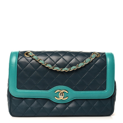 Chanel Lambskin Quilted Medium Two Tone Day Flap Navy Turquoise 1 of 10