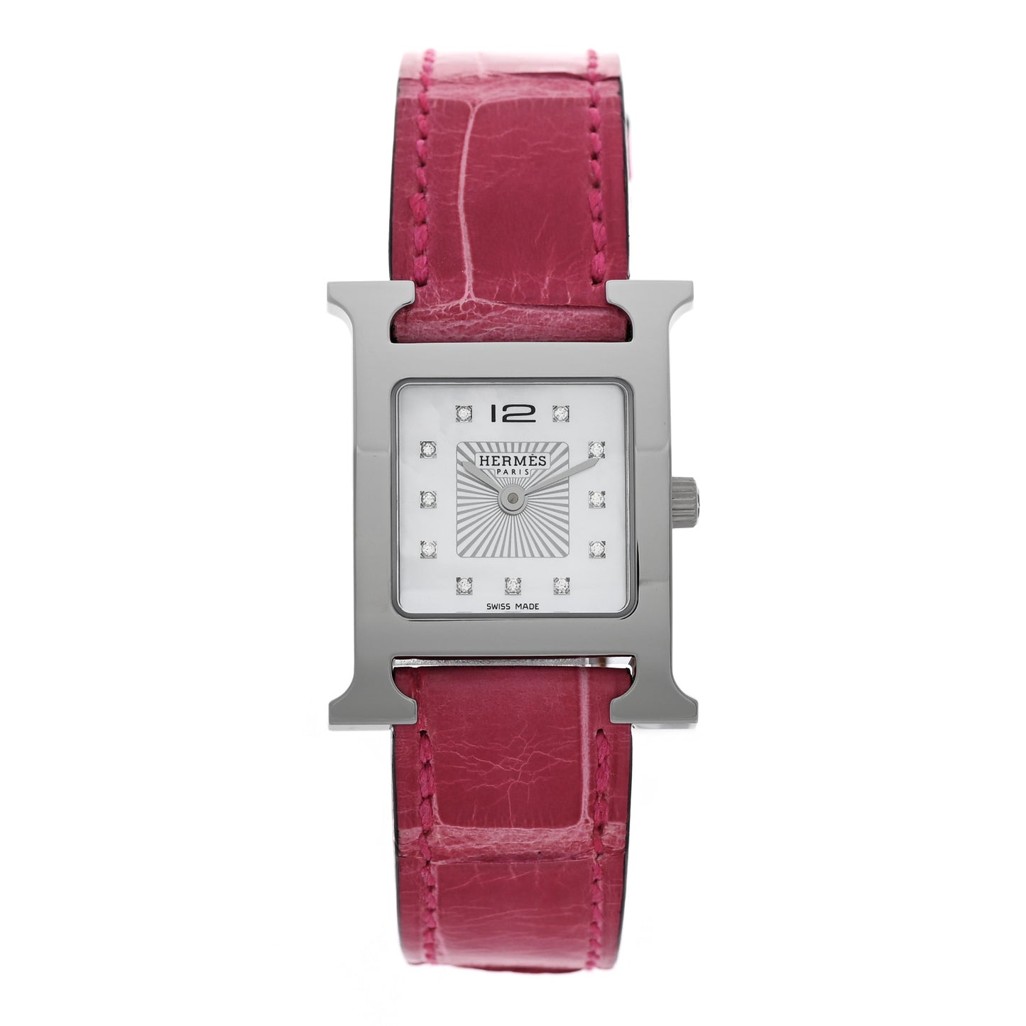 Stainless Steel Alligator Diamond Mother of Pearl 21mm Heure H Hour Quartz Watch Framboise