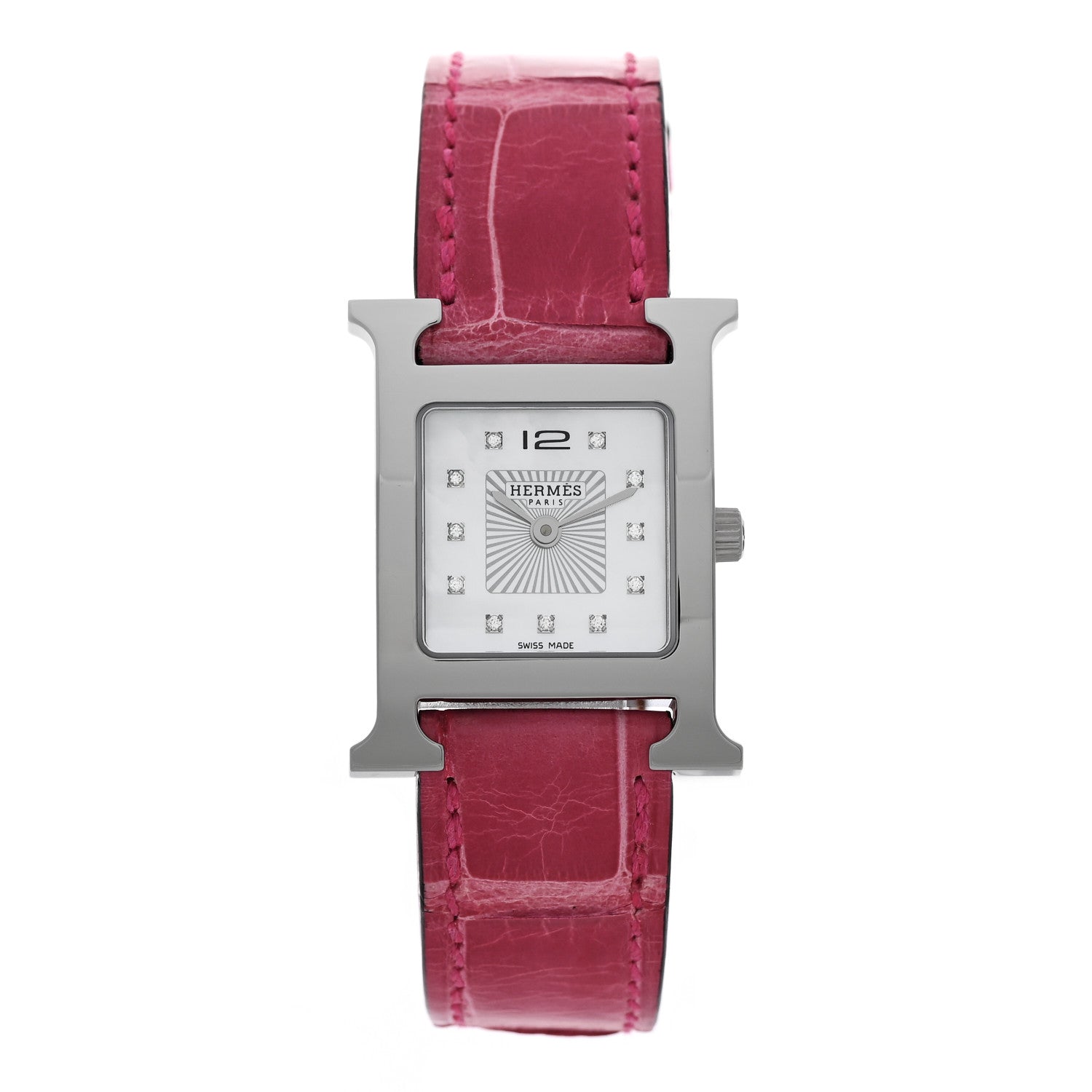 Hermes Stainless Steel Alligator Diamond Mother of Pearl 21mm Heure H Hour Quartz Watch Framboise 1 of 5