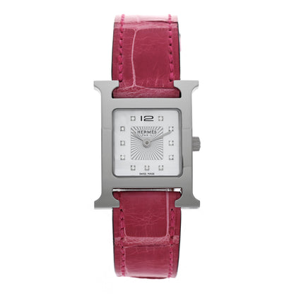 Hermes Stainless Steel Alligator Diamond Mother of Pearl 21mm Heure H Hour Quartz Watch Framboise 1 of 5