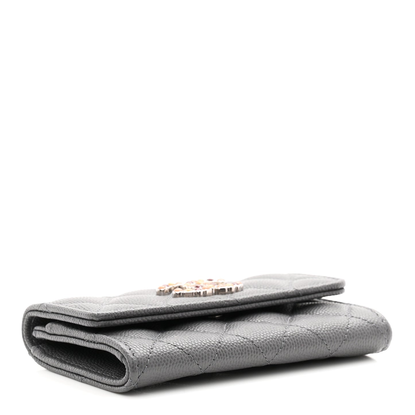 Shiny Caviar Enamel Quilted CC Flap Card Holder Grey