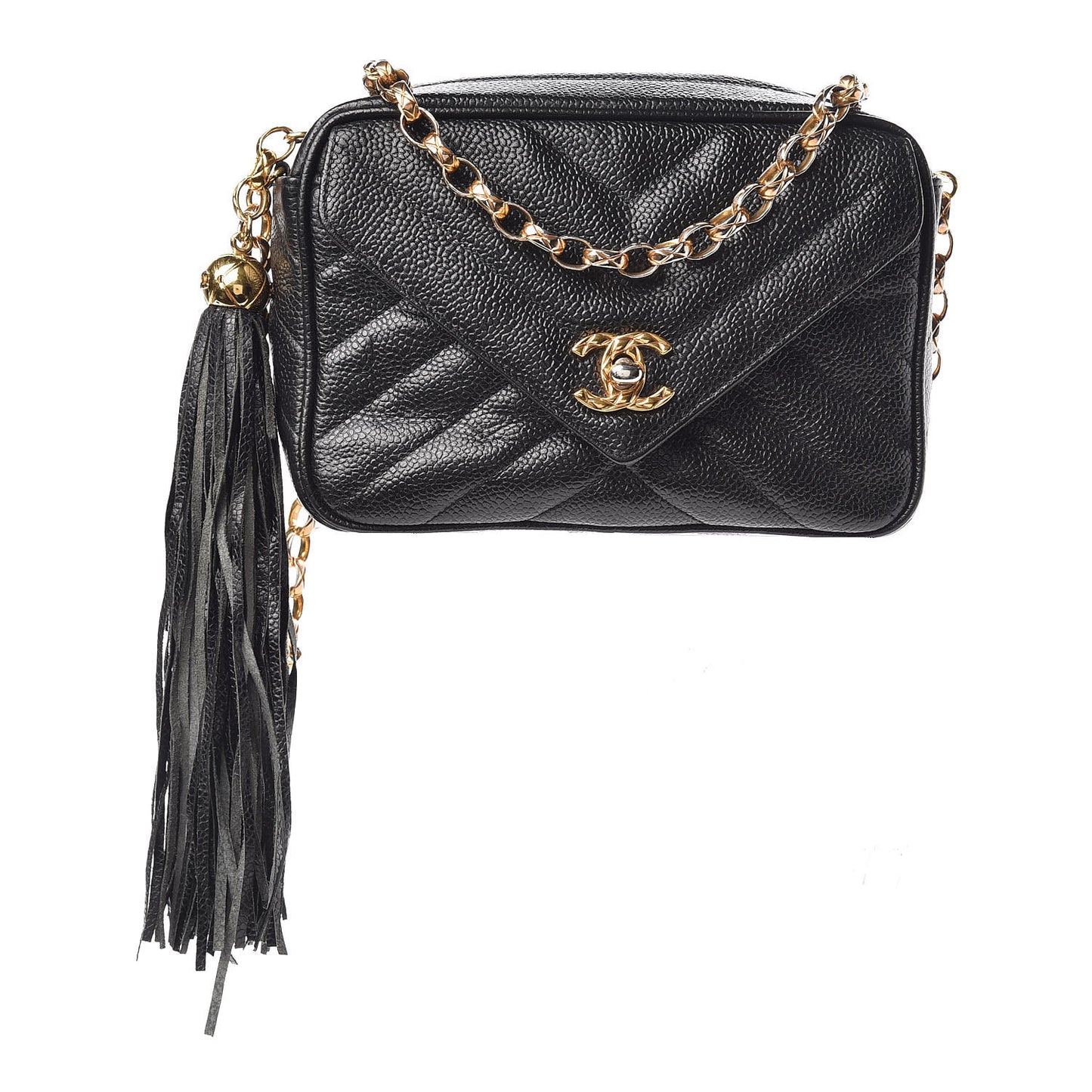 Caviar Chevron Quilted Tassel Camera Case Black