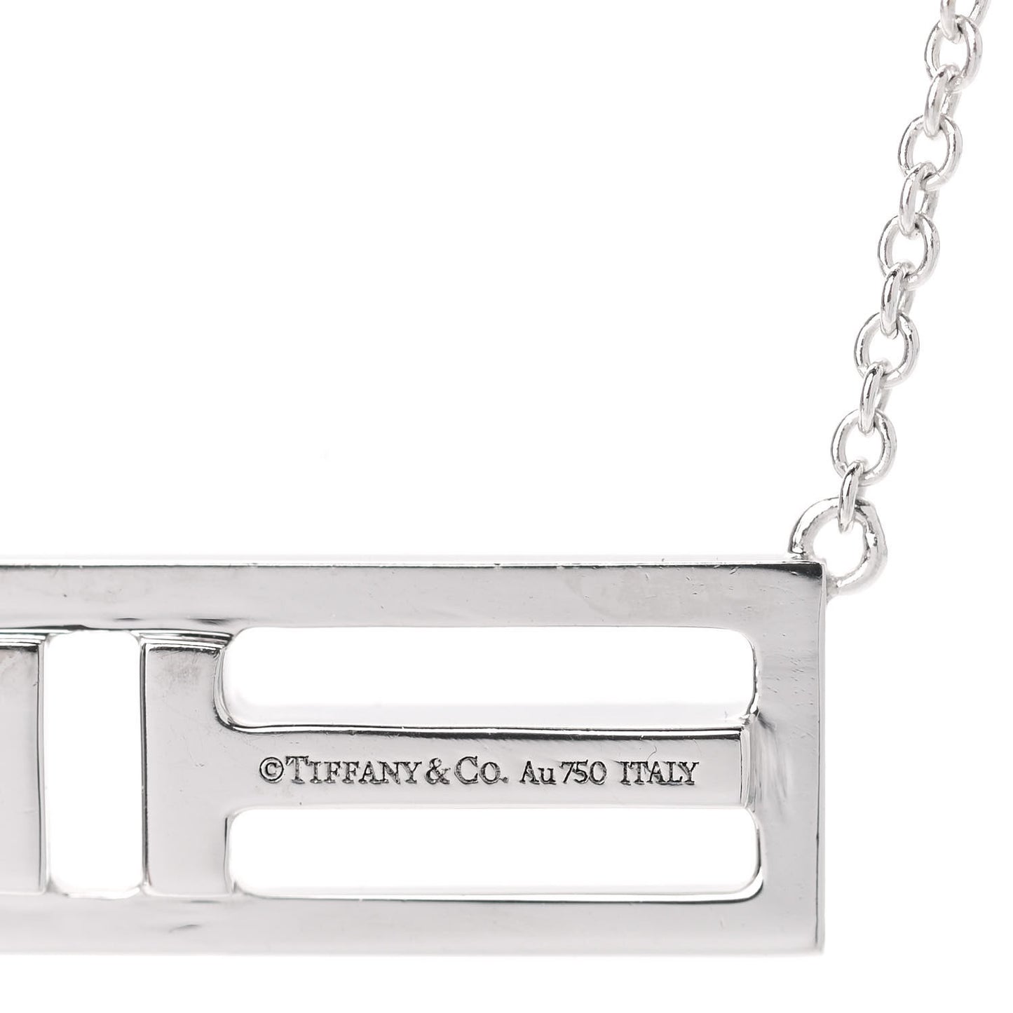 18K White Gold Blue Sapphire T Open Horizontal Bar Pendant Necklace