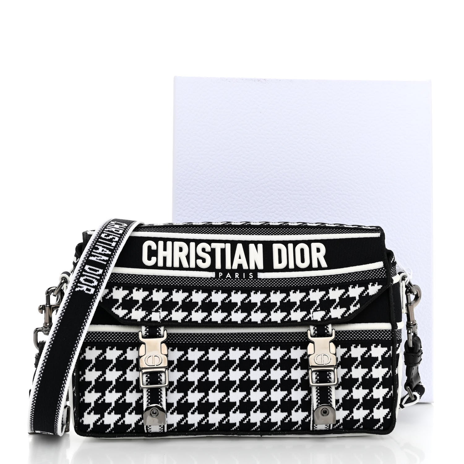 Christian Dior Canvas Houndstooth Embroidered Small Diorcamp Bag Black Multicolor 10 of 10