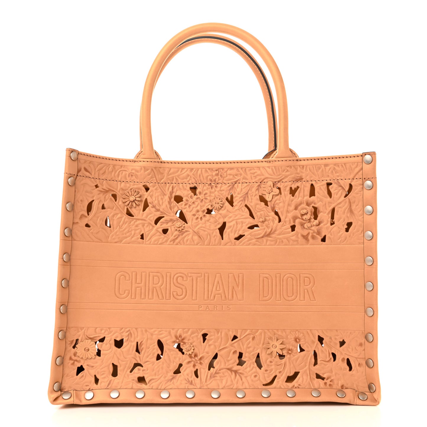 Calfskin Laser Cut Studded Medium Book Tote Beige
