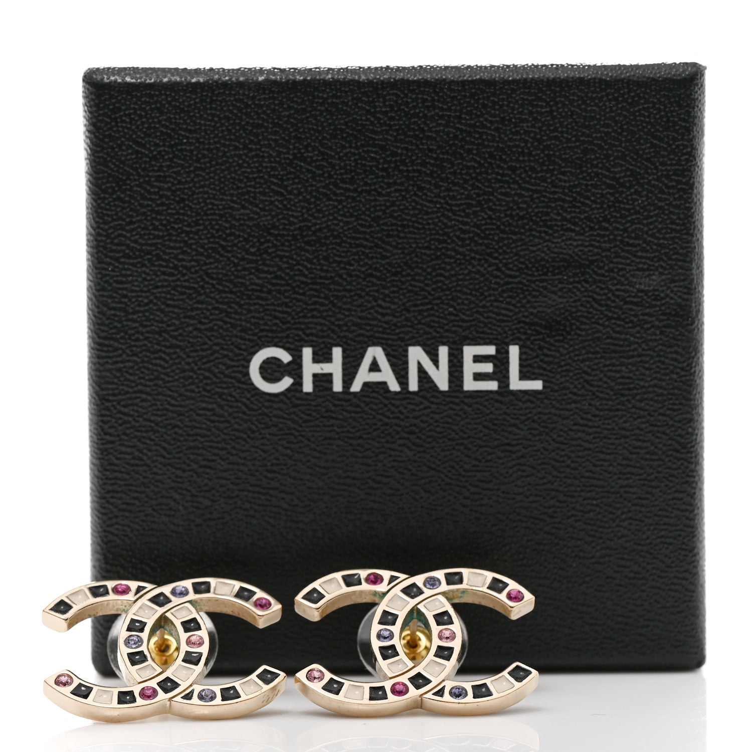 Chanel Crystal Enamel Large CC Earrings Gold Black White Pink 5 of 5