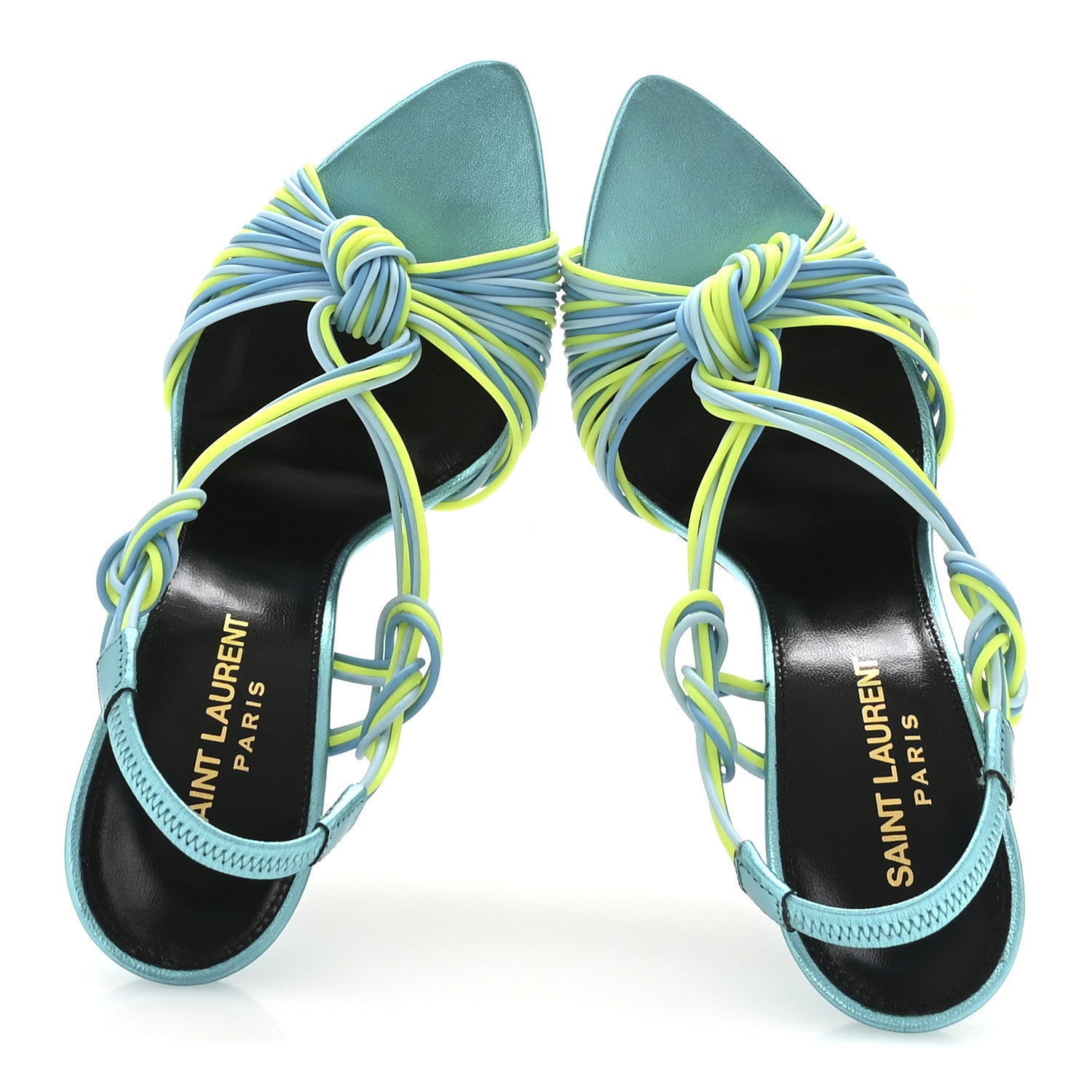 Saint Laurent Metallic Calfskin Gippy 105 Sandals 37.5 Cerulean Giallo Fluo 2 of 8