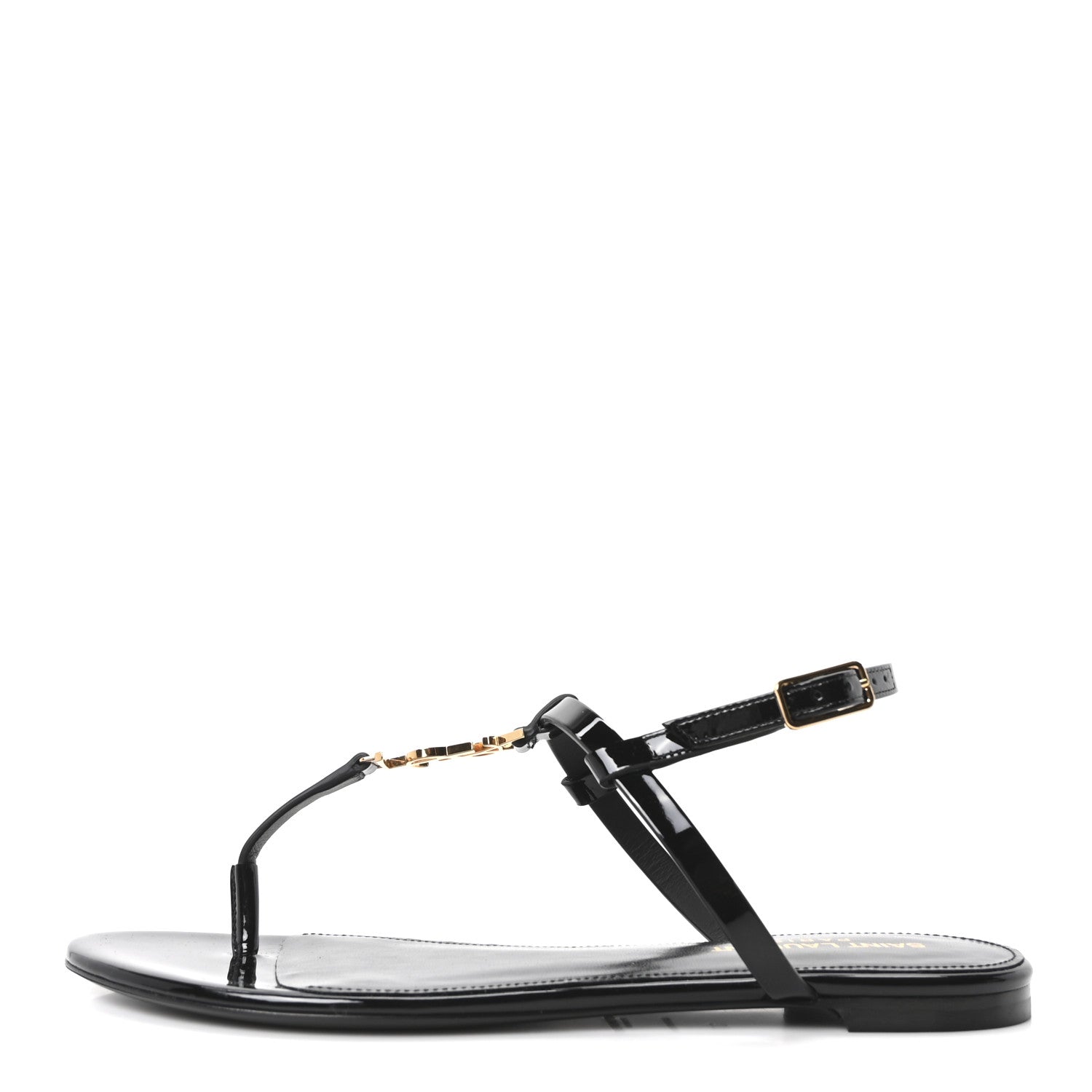Saint Laurent Vitello Vernice Soft Cassandra 05 Monogram Flat Sandals 37 Oro Antico Black 1 of 10