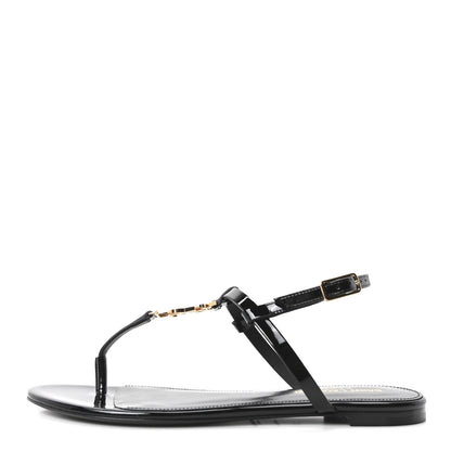 Saint Laurent Vitello Vernice Soft Cassandra 05 Monogram Flat Sandals 37 Oro Antico Black 1 of 10