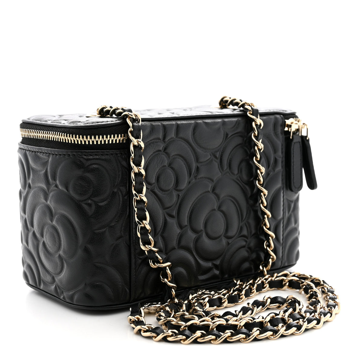 Lambskin Camellia Embossed Small Vanity Case With Chain Black